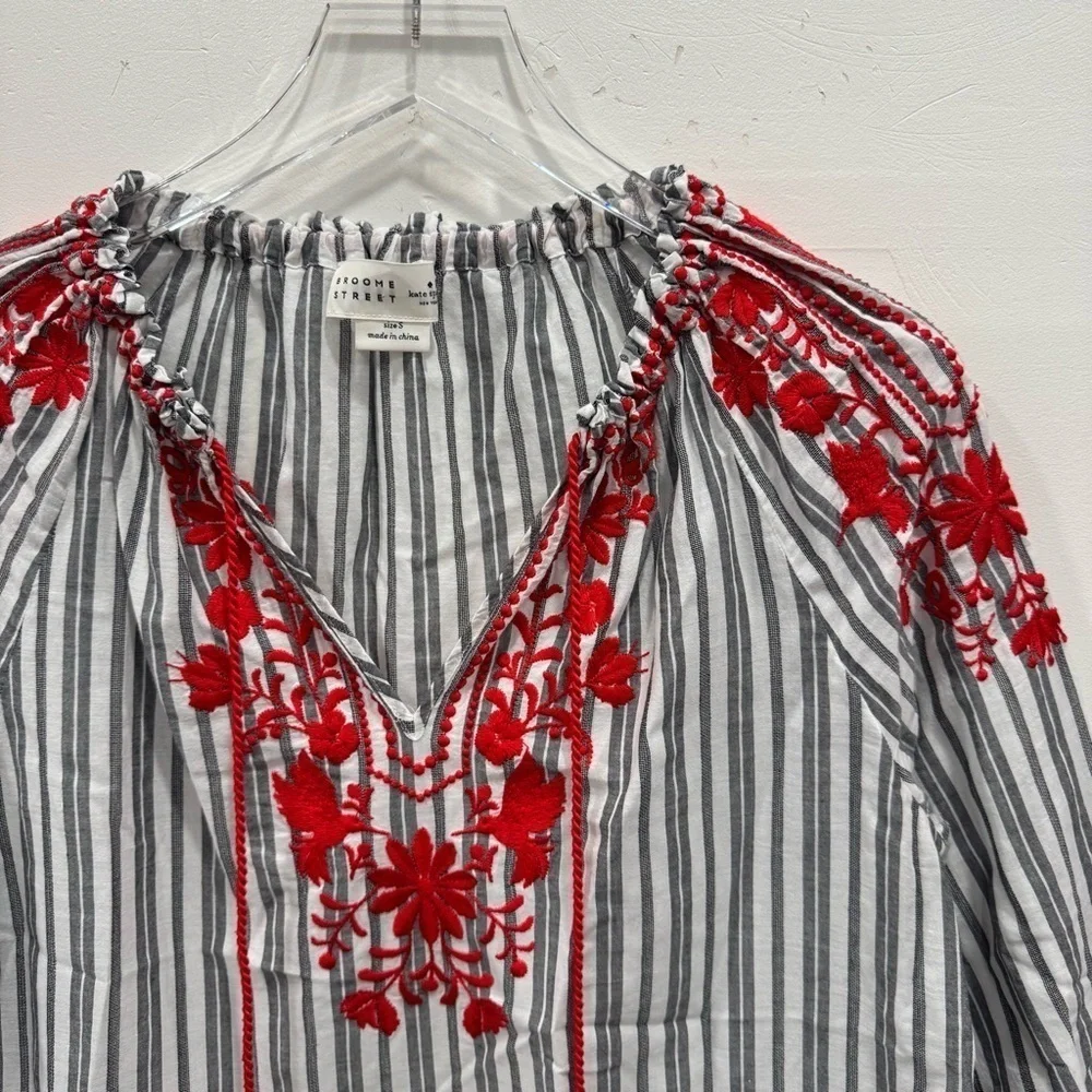Kate Spade Broome Street Embroidered Stripe Peplum Blouse Tassle Red Grey Small